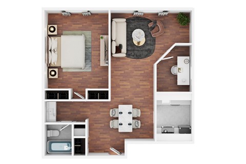 Floor plan for 1 bed, 1 bath, 679 sqft